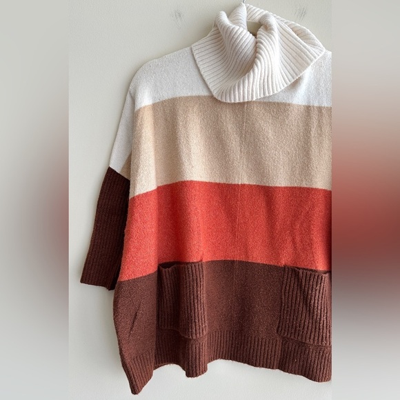 LOFT Tri Colorblock Cowl Neck Sweater, Cream/Tan/Orange/Brown, Size Small - Picture 3 of 16